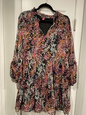 NWT Vince Camuto Size M Black Floral Ruffle Flowy Long Sleeve Sheer Mini Dress