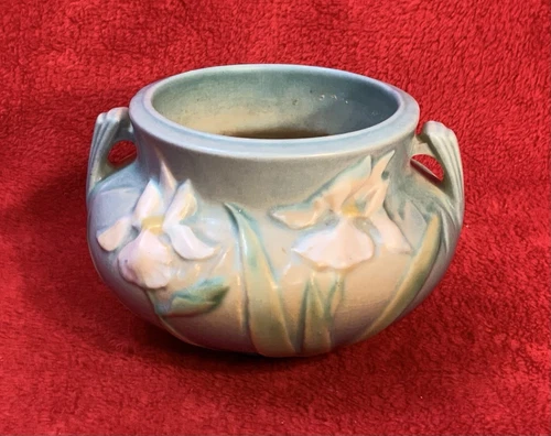 Vintage Roseville Art Pottery Iris Vase #647-3” Pale Blue 2 Handled Jardiniere