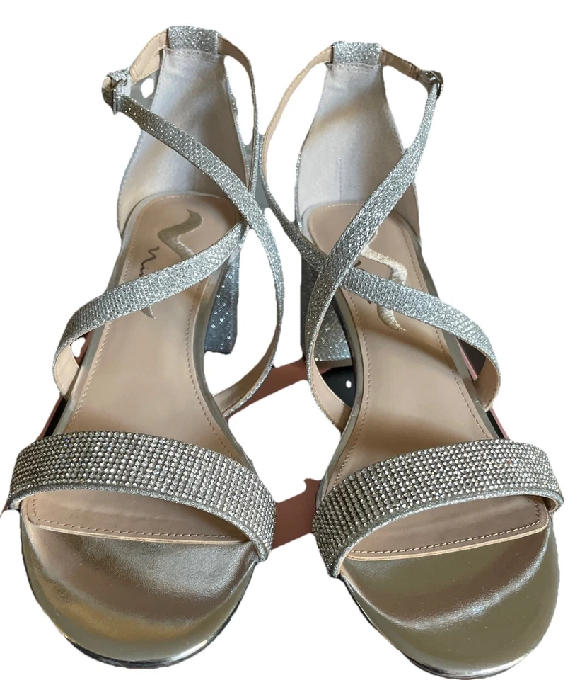 Nuevo en caja Zapato Nina para mujer plateado Neville estrás correa en el tobillo tacón bloque TALLA 9,5 M Foto 2 de 4