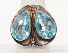 Vintage Large Blue Glass Sterling Silver Ring - Size 7.25