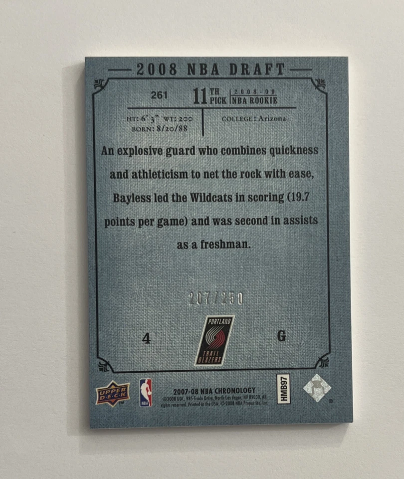 2007-08 Upper Deck Chronology /250 Jerryd Bayless #261 Blue Rookie BLAZERS - Image 2 of 2