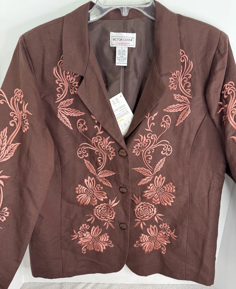 Victor Costa Mujer QVC NUEVO CON ETIQUETAS Marrón Traje Chaqueta Bordado Floral Follaje En Rosa Foto 2 de 4