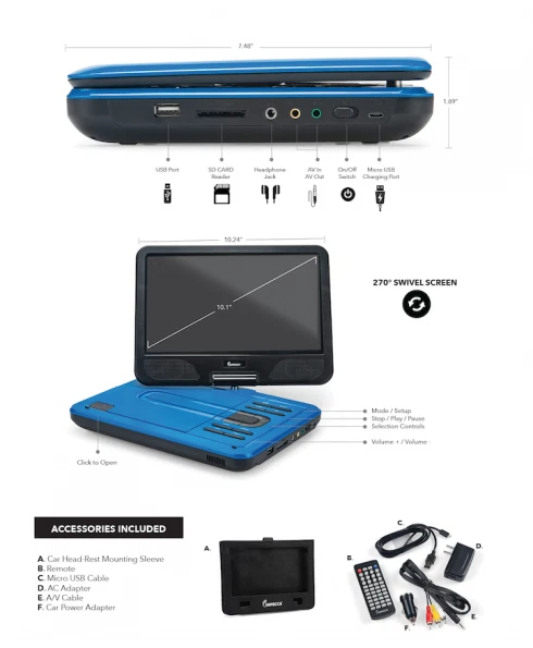 IMPECCA 10.1" Portable DVD Player 270° Swivel Screen USB/SD 5 Hour Playback Blue - Image 4 of 4