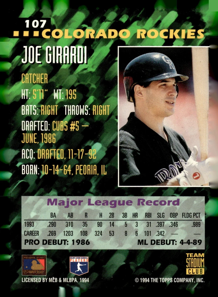 1994 Stadium Club Team #107 Joe Girardi - Image 2 of 2