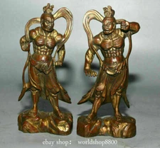 6.8" Old Chinese Mythology Door-god Deva Red Copper Sculpture Pair