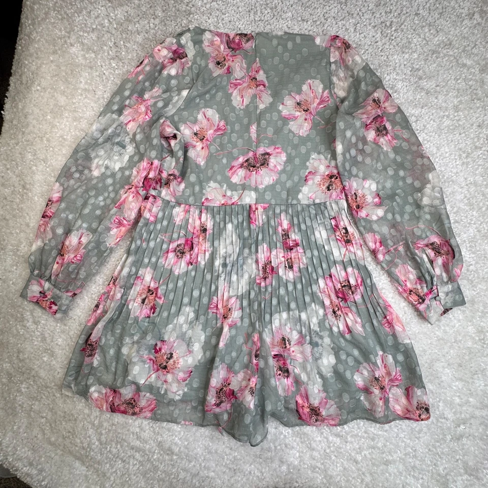Express Floral Long Sleeve Pleated Wrap Romper Pink Gray Womens Large - Image 2 of 4