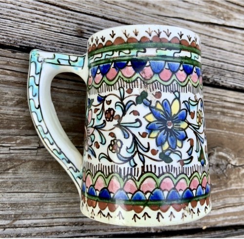 RARE ANTIQUE c1800s Hand Painted Thrown TALAVERA Glaze POLYCHROME Pottery Mug - Picture 9 of 12