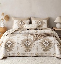 3pc Western Quilt Set King Beige Brown Aztec Southwestern Rustic Farmhouse