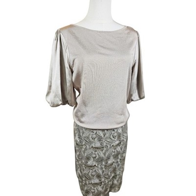 Carlisle Champagne Knit Top Silk Puff Sleeve & Metallic Lace Skirt Set Size L