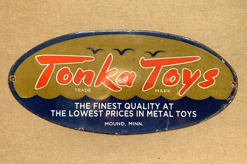 VINTAGE 12x5.5" TONKA TOYS OIL PORCELAIN SERVICE PUMP STATION GASOLINE GAS SIGN