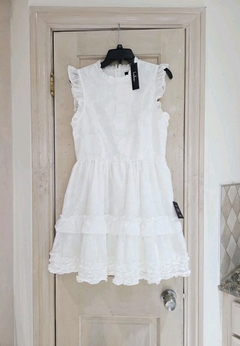 New Lulus True as Can Be Floral Ruffled Mini Dress white size M White Burnout