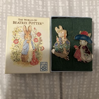 Vintage klassische Beatrix Potter Peter Rabbit Benjamin Häschen Brosche Abzeichen & Box