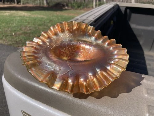 Antique Fenton JIP Jack in the Pulpit Vaseline Carnival Glass Hat  / Holly