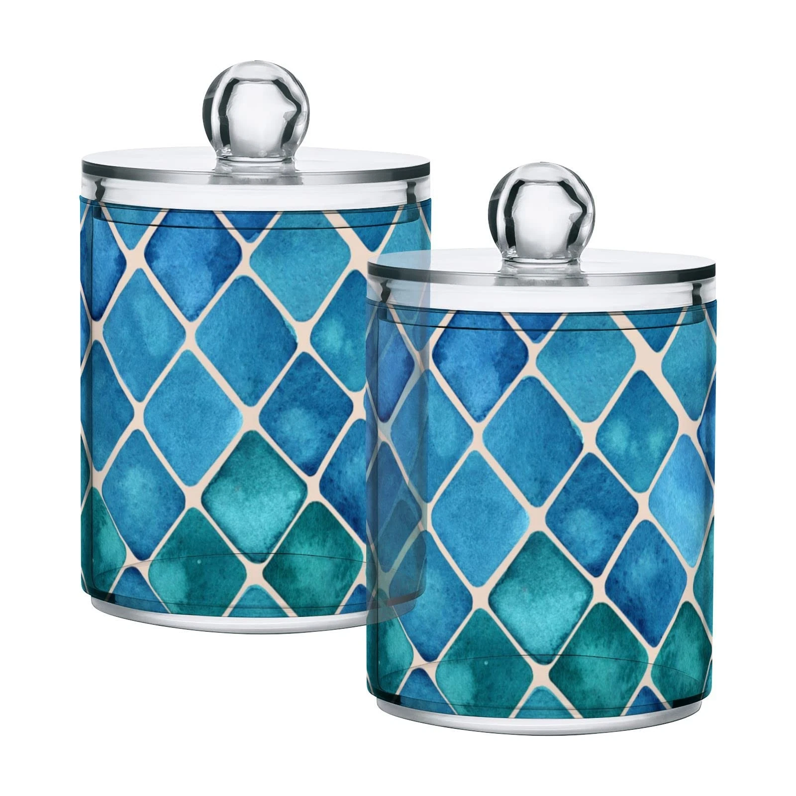 2 Pack Blue-green Squares Qtip Holder Dispensers, Bathroom Storage Canister P...