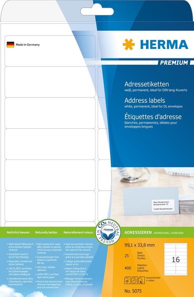 Herma 5075 Herma 5075 Adressetiketten Premium A4, Weiß 99,1X33,8 Mm Papier Matt-image