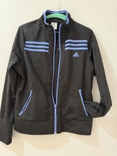 Adidas 2007 Women L Black Blue 3 Stripe Track Jacket Full Zip Y2K Vintage
