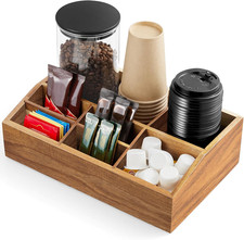 Acacia Wood Coffee Station Organizer for Countertop - 7 Compartments Coffee Bar