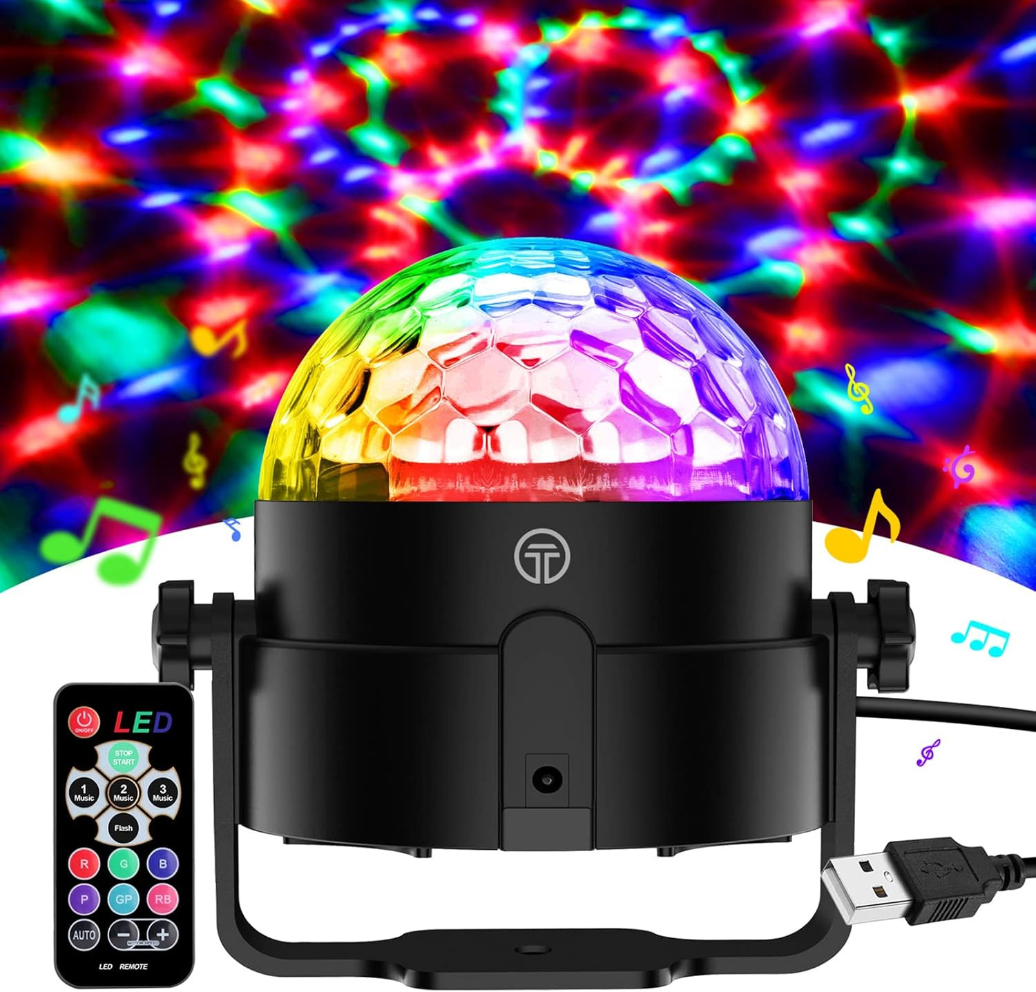 Disco Ball Light 360° Sound Activated RGB Party Light with Remote USB Powered