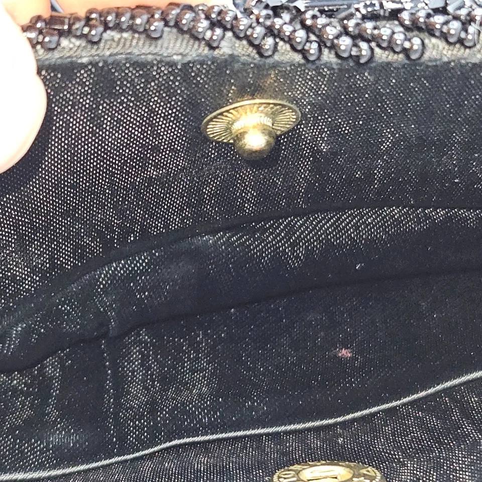 Bolso clutch de noche vintage negro con cuentas retro hoja negra cierre cremallera Foto 3 de 4