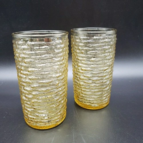 Anchor Hocking Soreno Gold Hiball Textured Glass Tumbler 5” Set of 2 Vintage