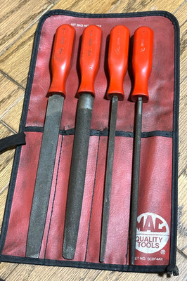   MAC Tools 4pc File Set Lot 12  Long Red Hard Handle Storage Pouch USA
