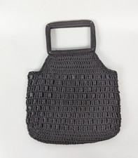Vintage Black Macrame Crochet Handbag Purse Accented with Woven Satin Ribbon