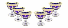 Interglass Italy 6-pc Luxury Blue Vintage Glass Compote Serving Bowl, 24K Gold