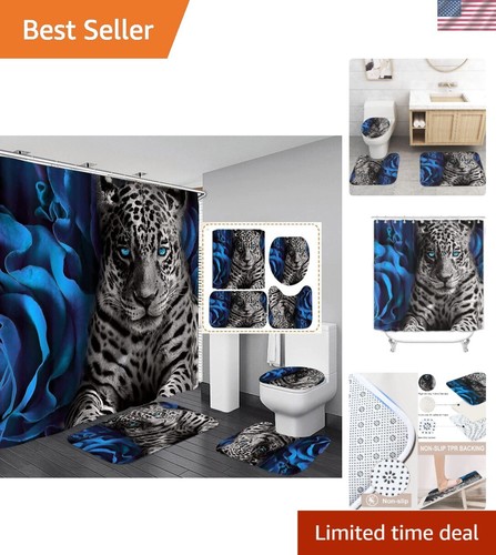 4PCS Blue Rose and Leopard Shower Curtain Bathroom Set with Rugs, Toilet Lid ...