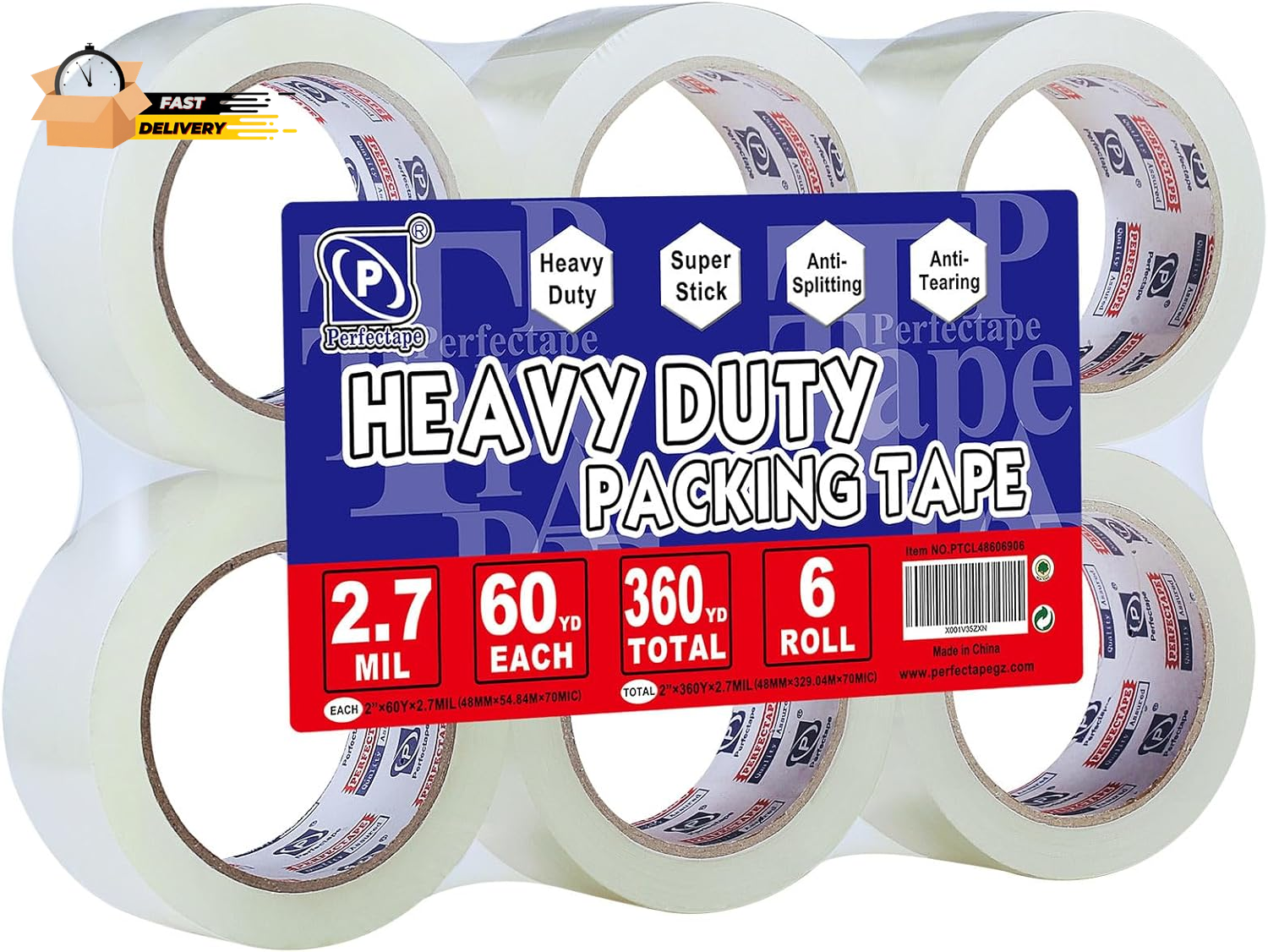 Heavy Duty Packing Tape 6 Rolls, Total 360Y, Clear, 2.7 Mil, 1.88 Inch X 60 Yard