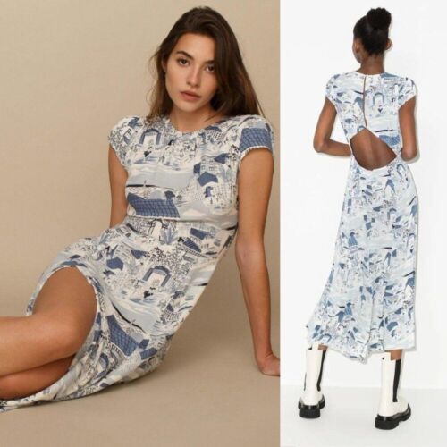 Reformation Gavin Portugal Midi Dress 2 Blue White Printed Open Back Cap Sleeve