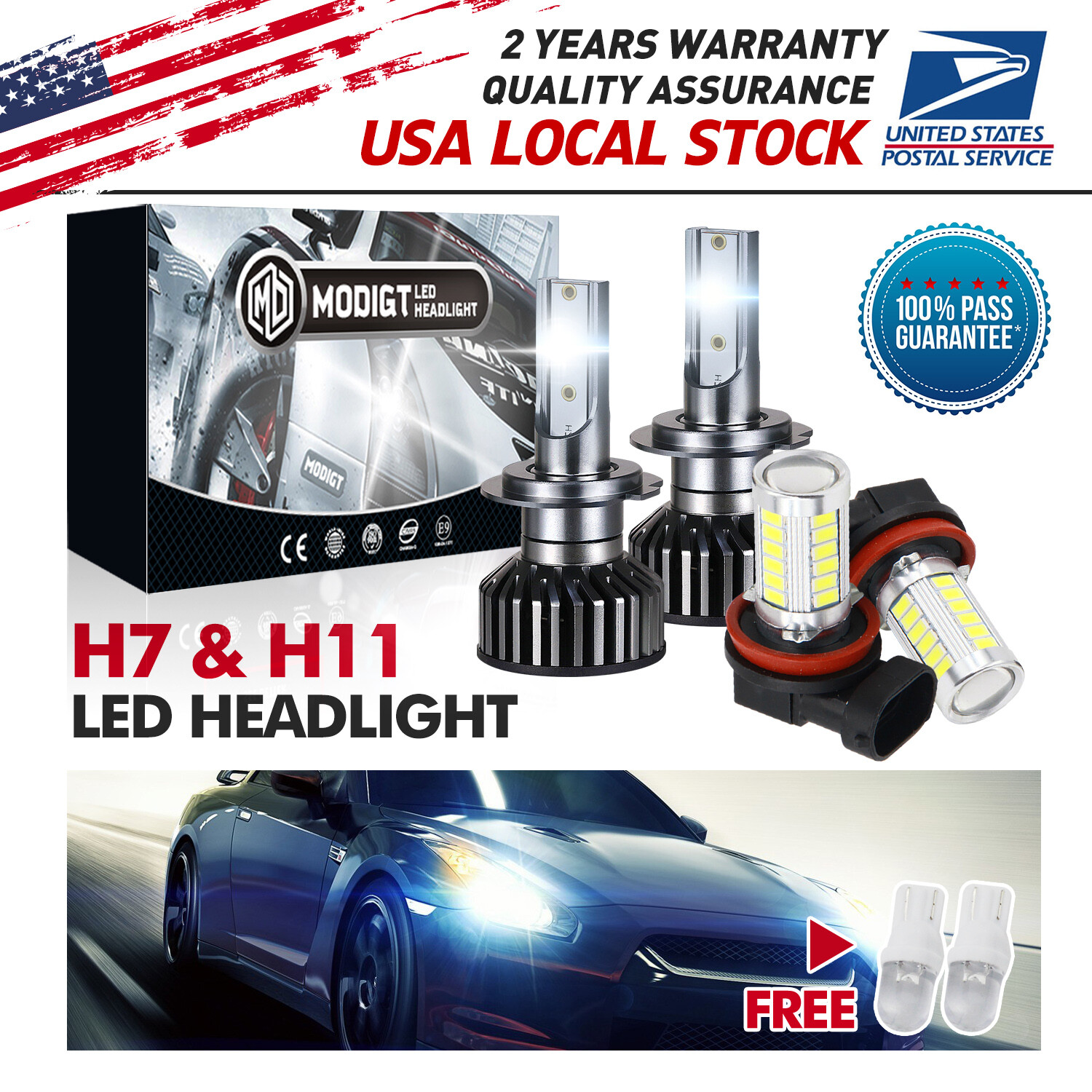 H7+H11 Beam LED Car Bulbs Headlight Lamp Kit 6000K White 20000LM Super Bright