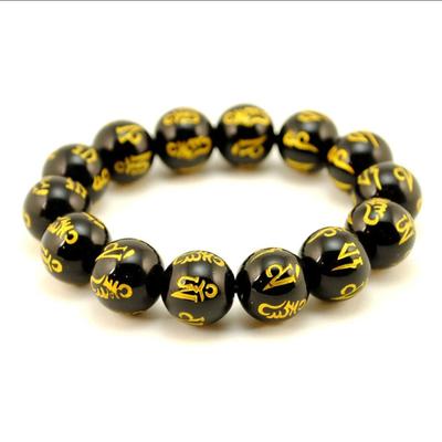 BLACK AGATE MALA 14mm Stone Prayer Bead Stretch Bracelet Sanskrit Om Mani Padme