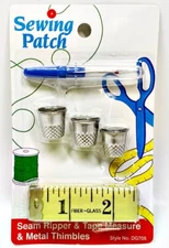 Allary Sewing Patch #DG705 Seam Ripper, Tape Measure & Metal Thimbles