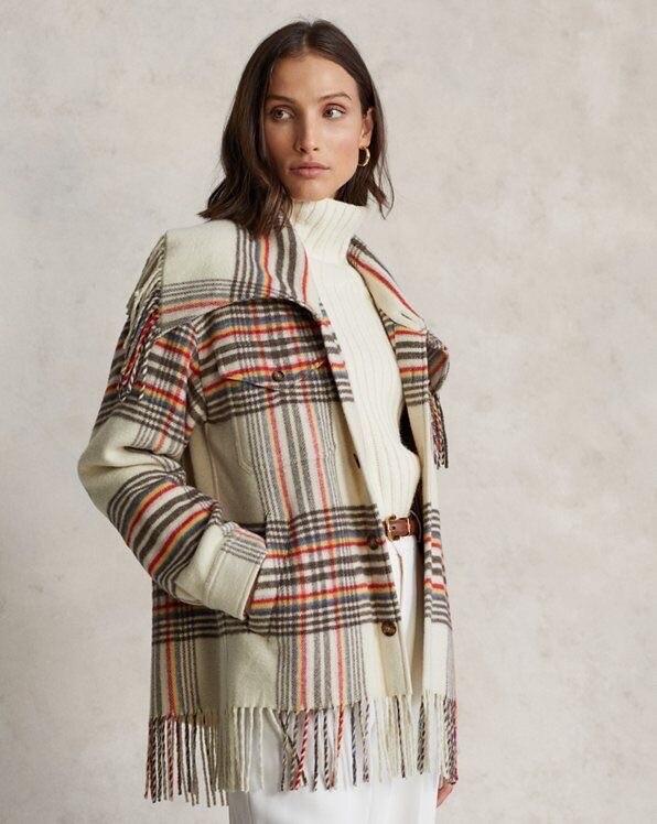 NWT Polo Ralph Lauren Plaid Fringe-Trim Shirt Jacket
