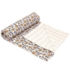 Indian Hand Block Print Kantha Quilt Handmade Bedspread Reversible Blanket Throw
