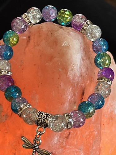 Bracciale Charm Libellula Pietre Perline Vetro Trasparente Rosa Blu Taglia 6,5” Strass W - Foto 6 di 7