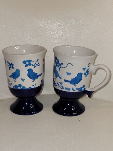 Kobaltblau Keramik Latte Tasse 2er Set NEU Fuß Blumen Vogel Design Tassen - Bild 2 von 5