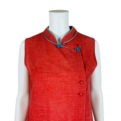 Vintage 1960s Red Shift Dress Asian Motif Pocket Housedress Frog Closures B 36" - Picture 3 of 11