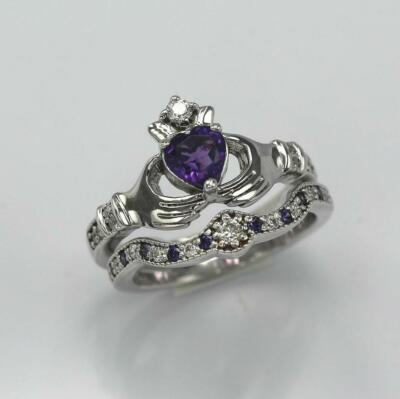 2ct Lab-Created Heart Purple Amethyst Ring Claddagh Bridal Set White Gold Plated