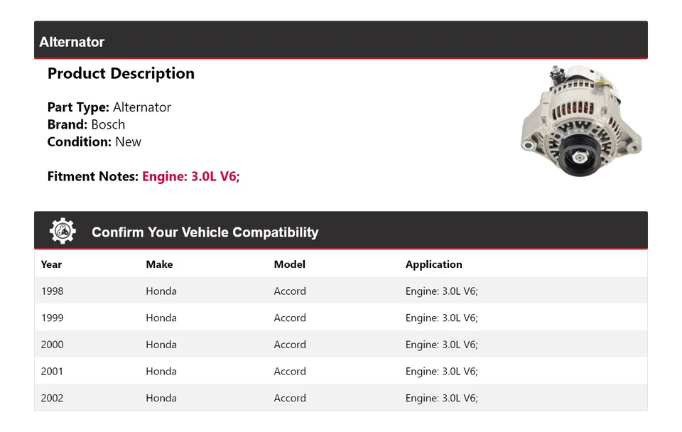 Alternador Bosch para Honda Accord 1998-2002 3,0 L V6 (nuevo) 1999 2000 2001 Foto 2 de 4
