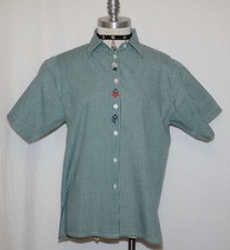 PLAID Summer SHORT SLEEVE BLOUSE Button Up German EMBR HEART FLOWER/B42"/14 L