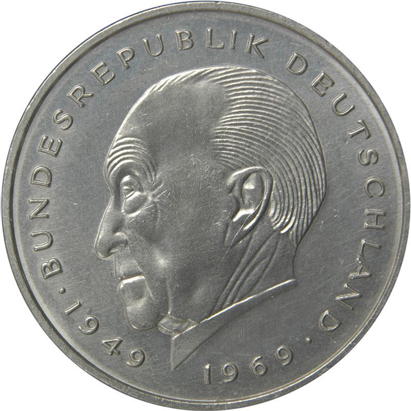 West German 2 Deutsche Mark Coin | Konrad Adenauer | KM124 | 1969