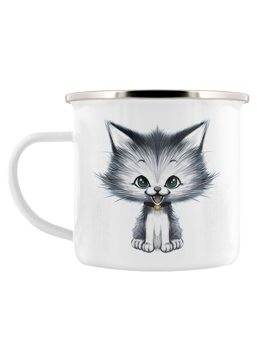 Silver Grey Kitsch Kitten Enamel Mug