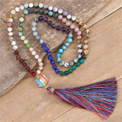 108 Mala Yoga 7 Chakra Naturstein Perlen Halskette Vintage Mehrfarbig Lang