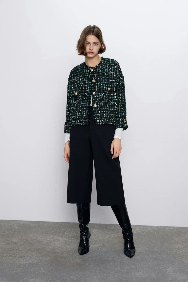 Zara Tweed Jacke Grün Goldene Knöpfe Gr.XS Bouclé Blazer/Zara Green Tweed Jacket