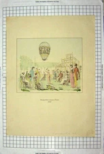 Original Old Antique Print 1800 Colour Ladies Men Garden Party Balloon 19th