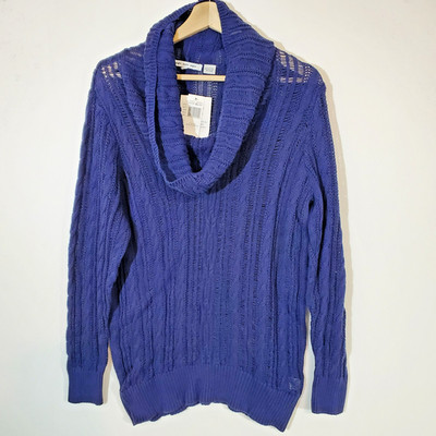 Eight Eight Eight Big Cowl Neck Sweater Indigo Blue Open Cable Knit Long XL NWT