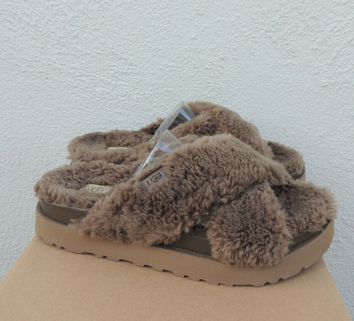UGG HICKORY FUZZ SUGAR CROSS SLIDE WOOL/ FAUX FUR SLIPPERS, US 11/ EUR 42 ~NEW