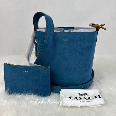 Coach Bleecker Bucket Bag 21 Crossbody Suede/Brass/Sea Blue CCW84 + Pouch NWT