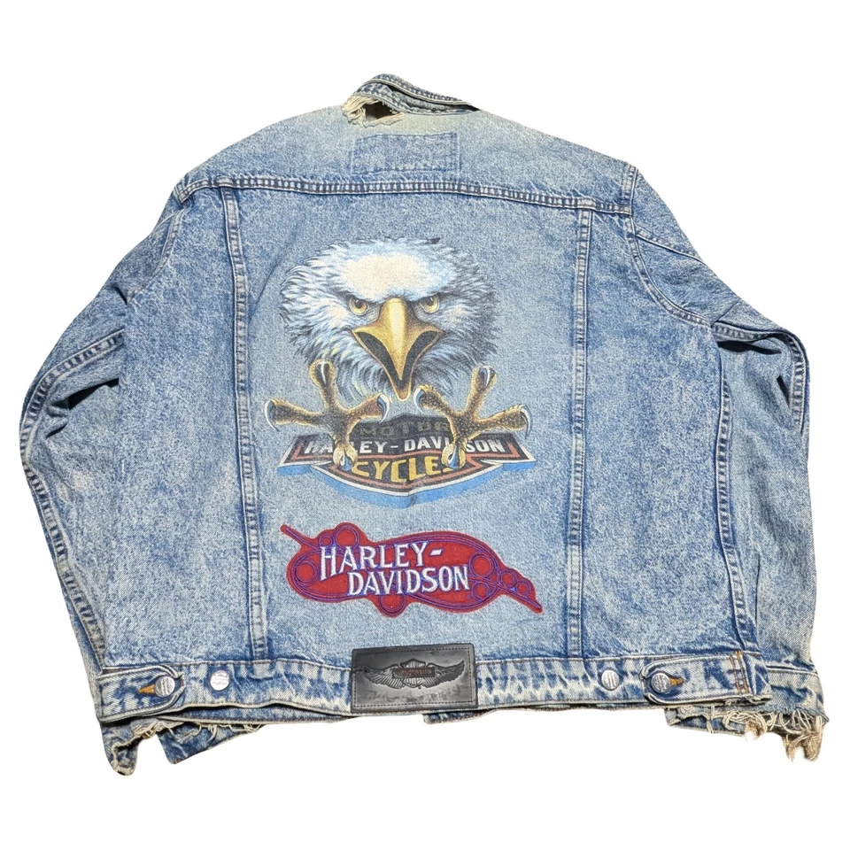 👀Vtg Harley-Davidson Biker Jacket XL Denim Eagle Back Embroidery USA THRASHED - Image 3 of 4